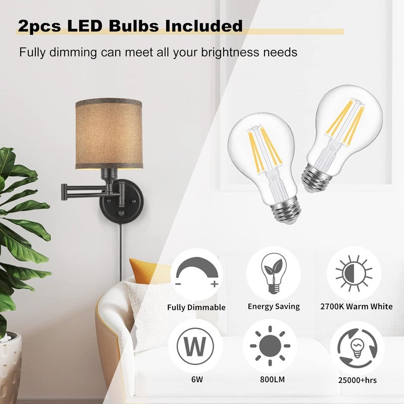 GOODATE Dimmable Plug in Wall Sconces, Swing Arm Wall Lamp, Wall Sconces Set of Two, Plug in Wall Light, Sconces Wall Decor Set of 2, Grey Fabric Shade, 2pcs Bulbs Included - Image 3